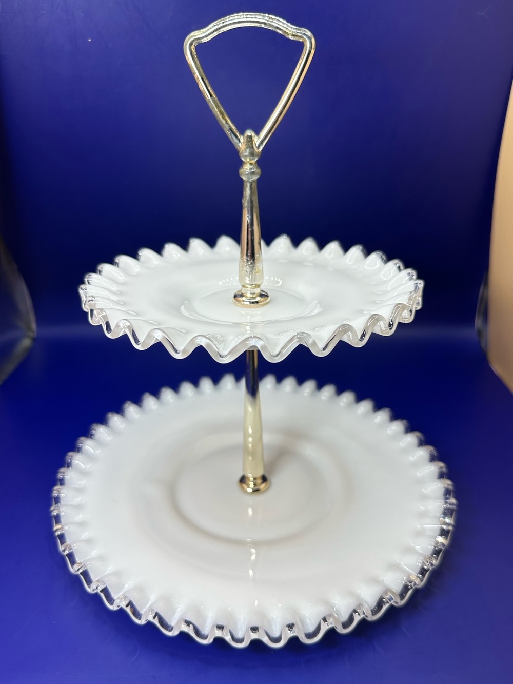 Vtg Fenton Silver Crest Milk Glass Two Tiered Tidbit Tray Crimped Ruffled Edge